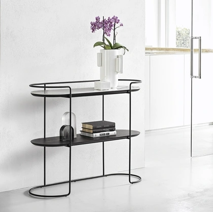 Mobile ingresso in tondino di metallo con piano superiore in ceramica e piano inferiore in legno Atollo di Calligaris