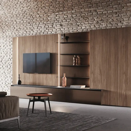 Parete Attrezzata Bluna Tech in finitura alluminio brunito e legno di Binova