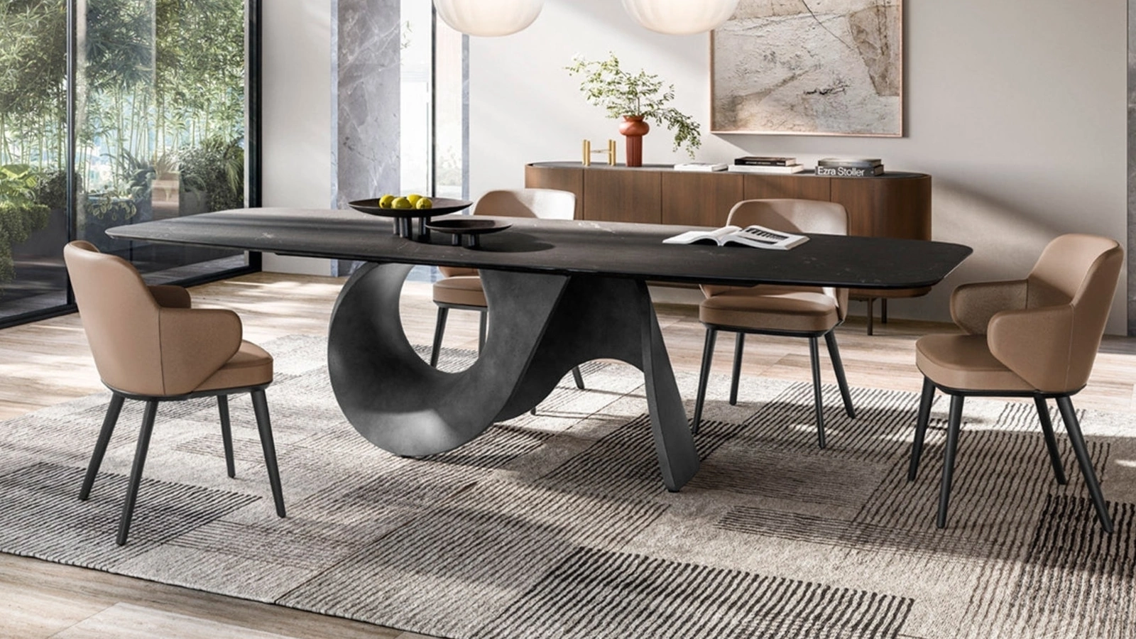 Tavolo di design con piano in ceramica effetto marmo e basamento in cemento Seashell di Calligaris