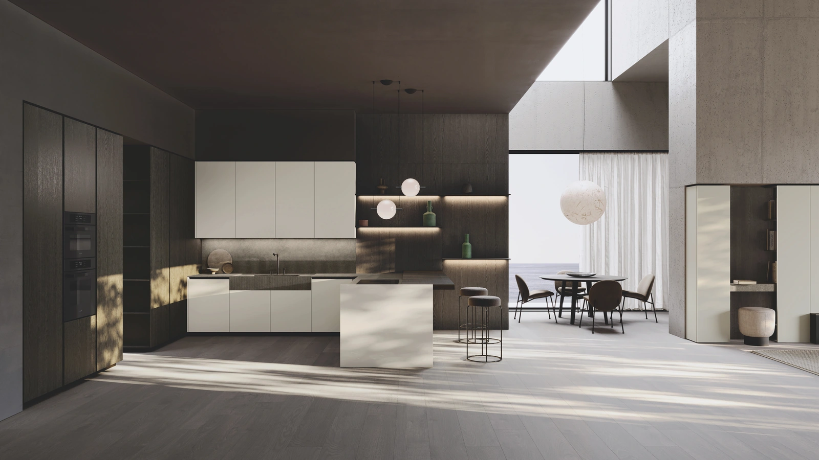 Cucina Design con penisola Balance Superlac in laccato e bilaminato rovere di Binova